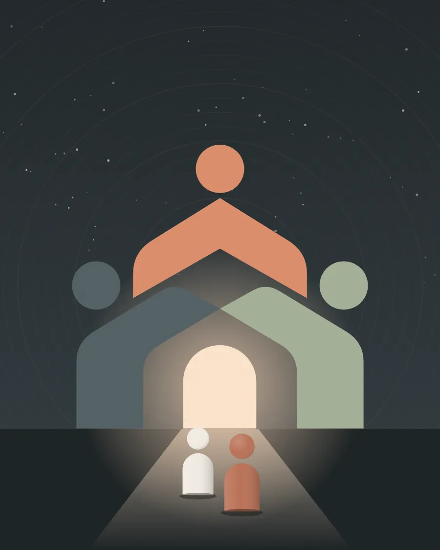 Illustration of two people walking up a lit path towards the open, glowing door of the ClayHuts hut