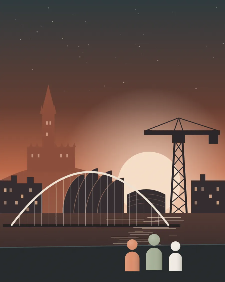Illustration of Glasgow at dusk: the university tower, the Clyde Arc, the Armadillo and the Finnieston Crane, with three people walking by the river